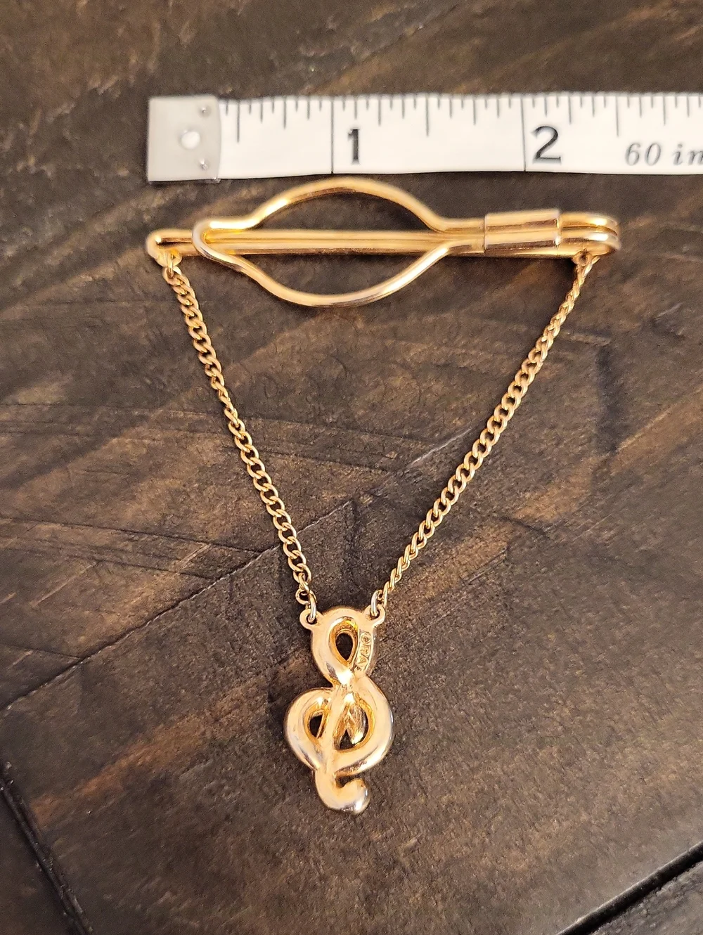 Vintage ORA Agnini Singer Rhinestone Treble Clef Tie Chain Clip Gold Tone